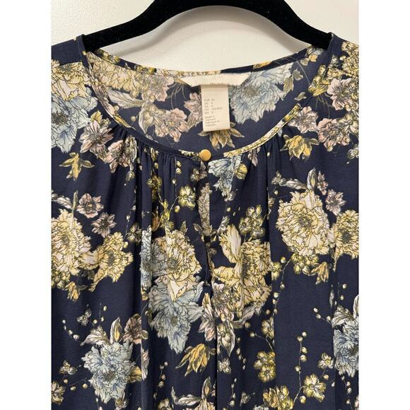 H&M Size 6 Navy Floral Long Sleeve Bell Sleeve Blouse - Picture 4 of 5